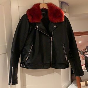 Pleather Motorcycle Jacket with Faux Fur Trim